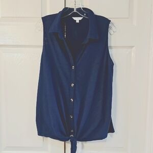Time & Tru Sleeveless Button-Up Top W Bottom Tie Navy XL EUC